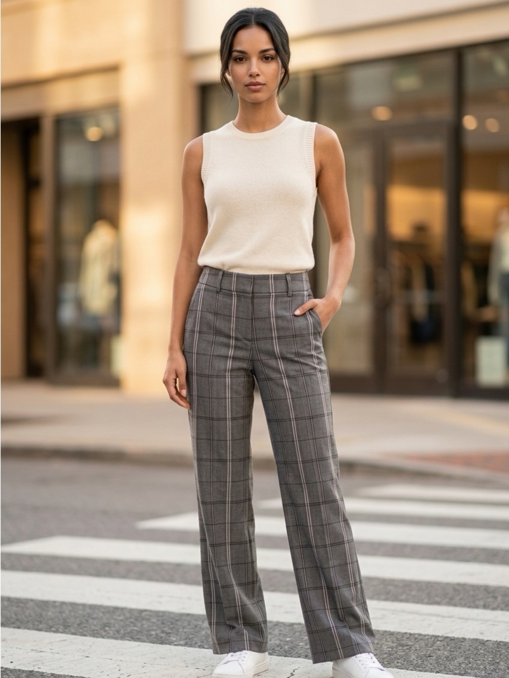 LOFT Gray Plaid Wide-Leg Pants